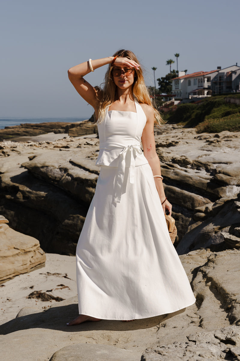 Piper Sleeveless Halter Waist Tie Top And High Waist Maxi Skirt Set White