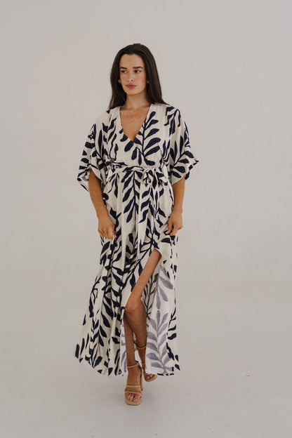 Maryann Short Kimono Sleeve Palm Print Maxi Dress Navy