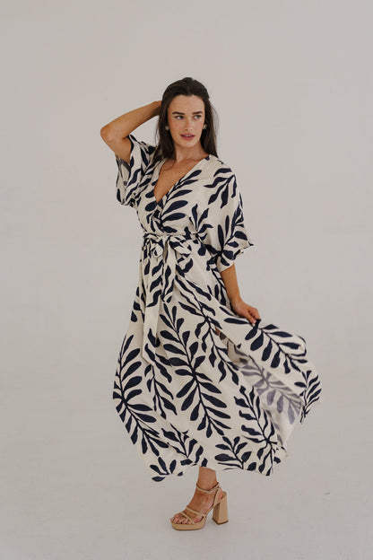 Maryann Short Kimono Sleeve Palm Print Maxi Dress Navy