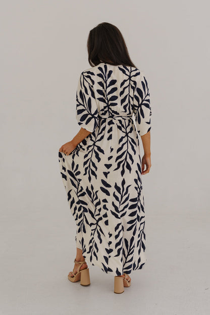 Maryann Short Kimono Sleeve Palm Print Maxi Dress Navy