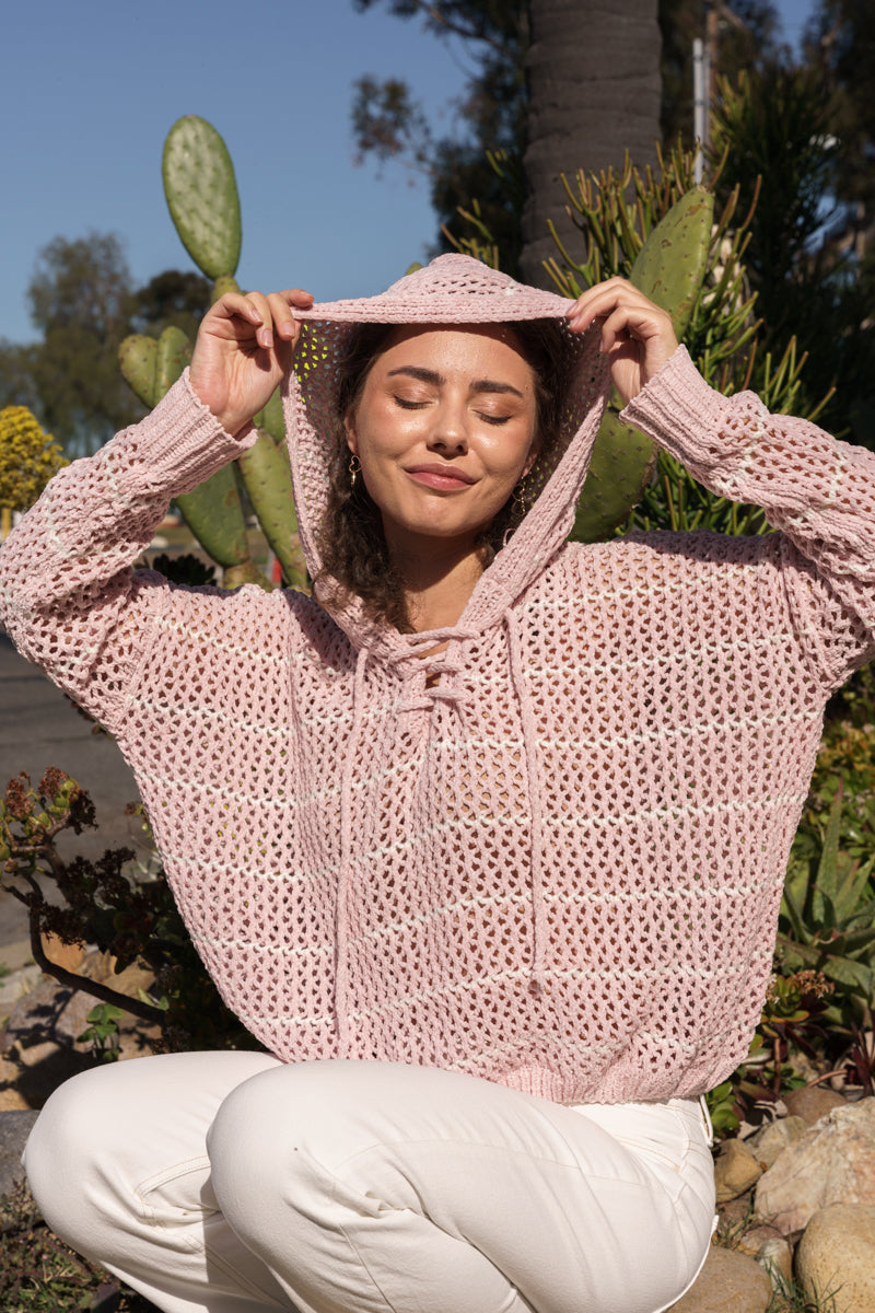 Bailey Long Sleeve Open Cable Knit Hoodie Sweater Pink