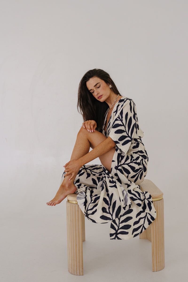 Maryann Short Kimono Sleeve Palm Print Maxi Dress Navy