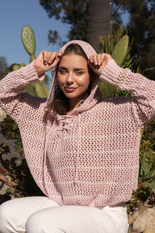 Bailey Long Sleeve Open Cable Knit Hoodie Sweater Pink