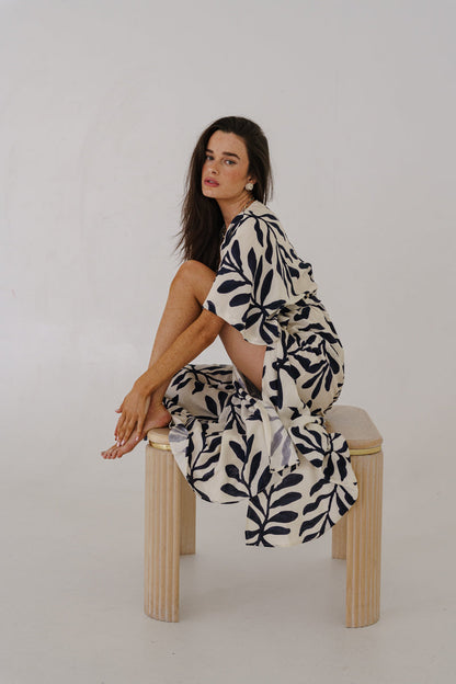 Maryann Short Kimono Sleeve Palm Print Maxi Dress Navy