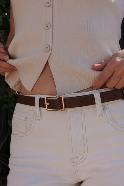 Donna Rectangle Metal Buckle Vegan Leather Belt Brown