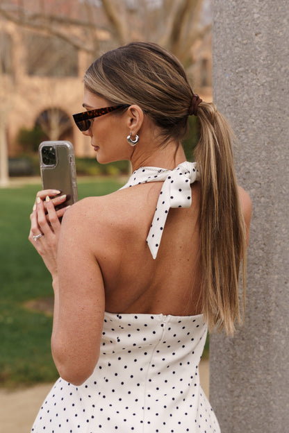 Myra Sleeveless Halter Polka Dot Print Mini Dress White