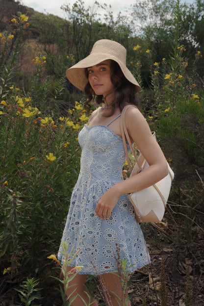 Alicia Sleeveless Embroidered Eyelet Mini Dress Blue