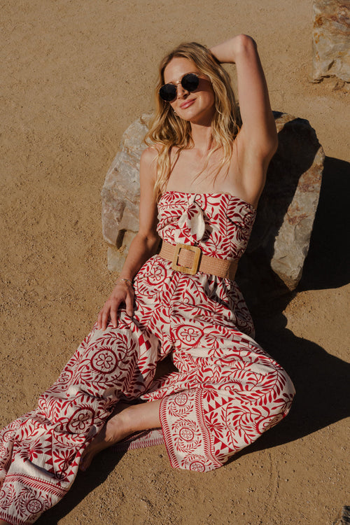 Gracen Sleeveless Back Tie Abstract Print Wide Leg Jumpsuit Ivory