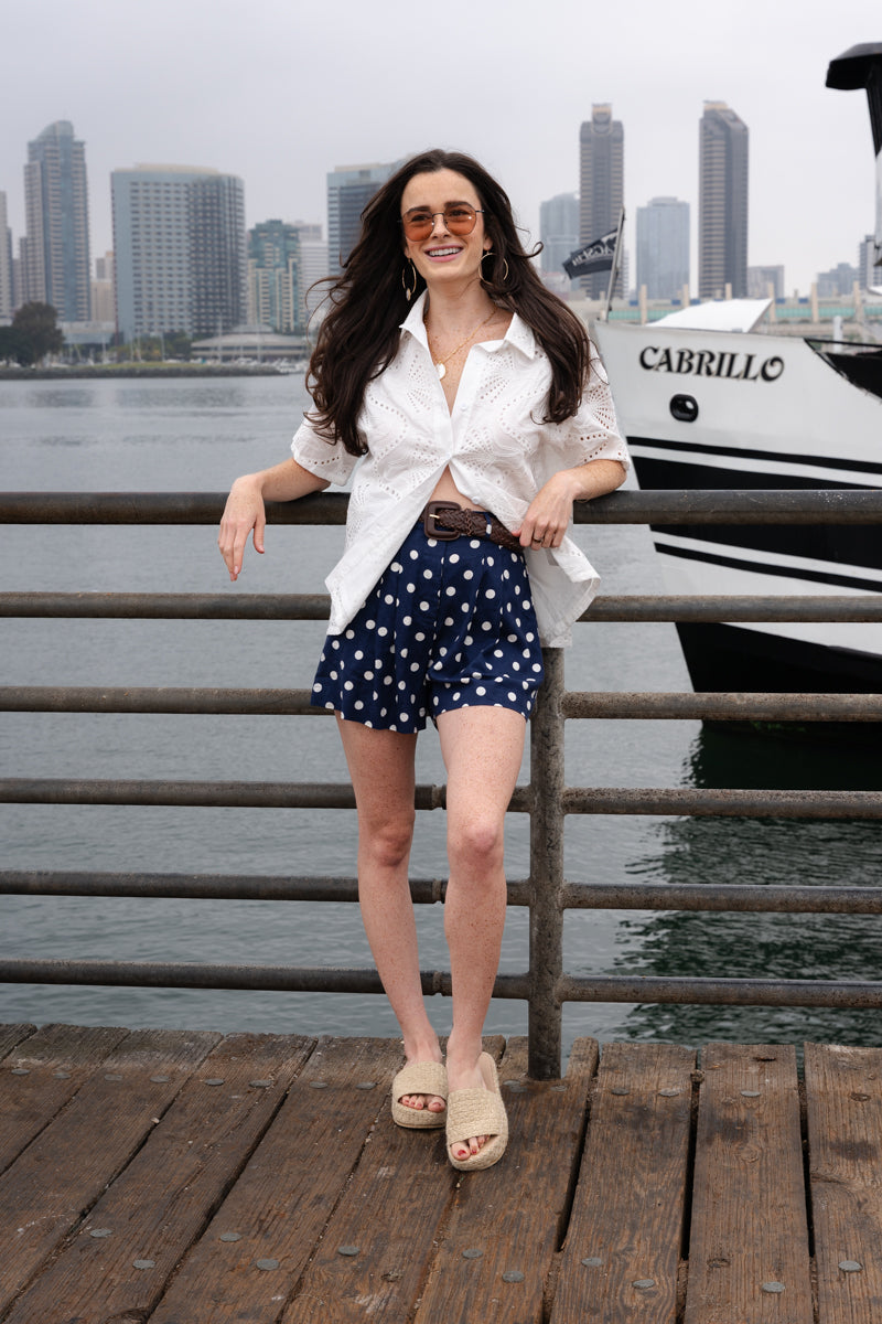 Juniper High Waist Polka Dot Print Shorts Navy