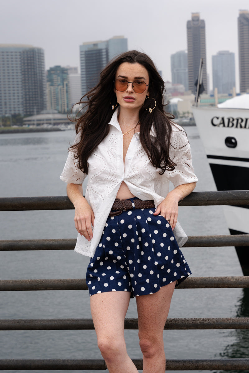 Juniper High Waist Polka Dot Print Shorts Navy