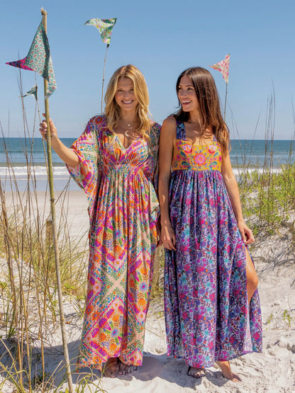 Sanibel Kaftan Maxi Dress - Pink Floral Diamonds