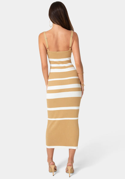 Rib Stripe Square Neck Midi Dress