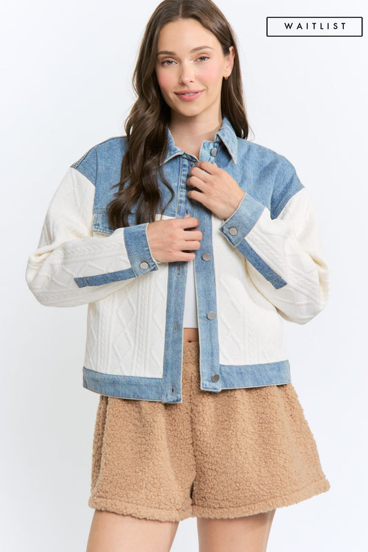 Waitlist 8/25 • Vespera Long Sleeve Cable Knit Denim Trim One Size Shacket Cream Ivory