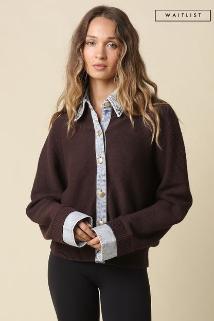 Waitlist 8/20 • Blaire Long Sleeve Button Down Contrast Denim Knit Cardigan Brown