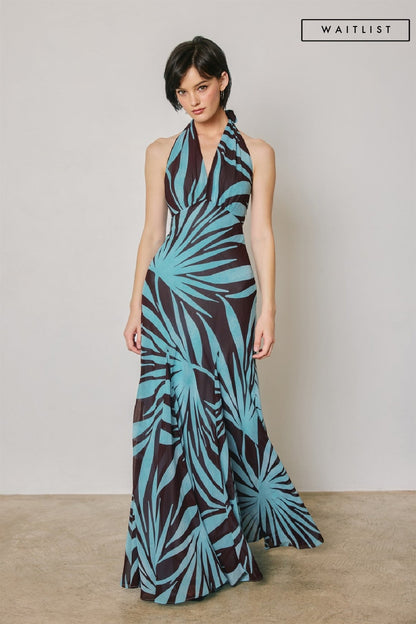 Waitlist 8/5 • Monica Sleeveless Halter Open Back Leaf Print Maxi Dress Blue