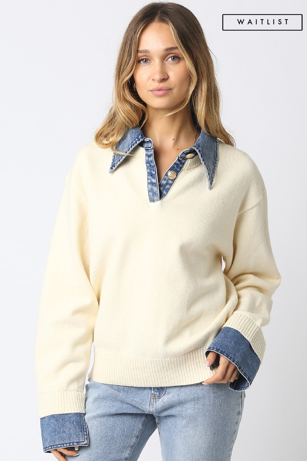 Waitlist 8/20 • Addy Long Sleeve Contrast Denim Knit Top Ivory