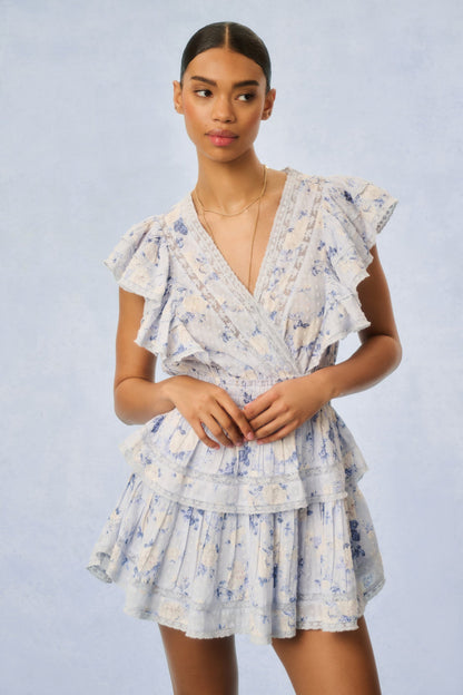 Gwen Fragrance Print Cotton Mini Dress - WHISPER BLUE