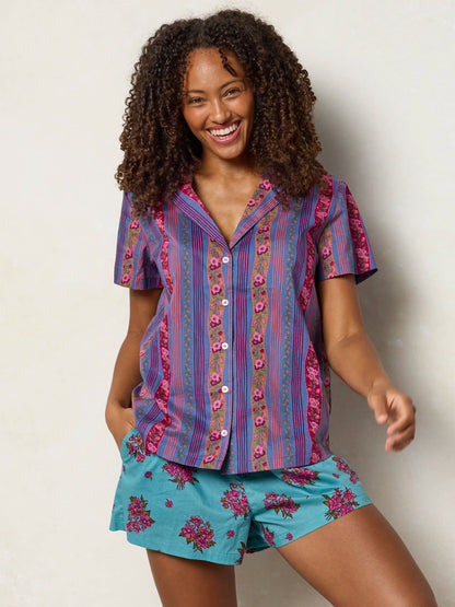 Mix & Match Cotton Short Sleeve Pajama Top - Retro Ribbons Navy