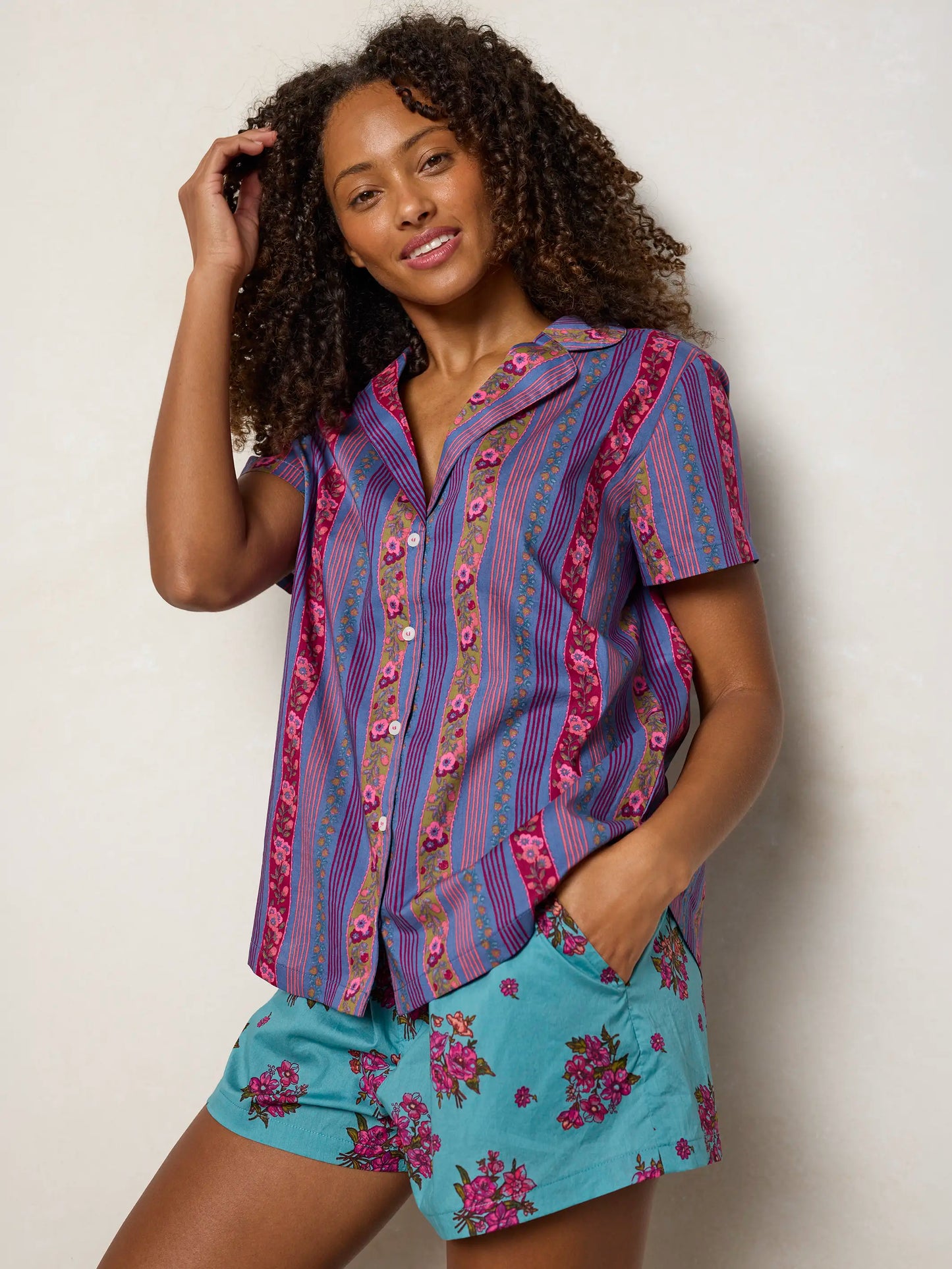 Mix & Match Cotton Pajama Shorts - Flower Picking Teal