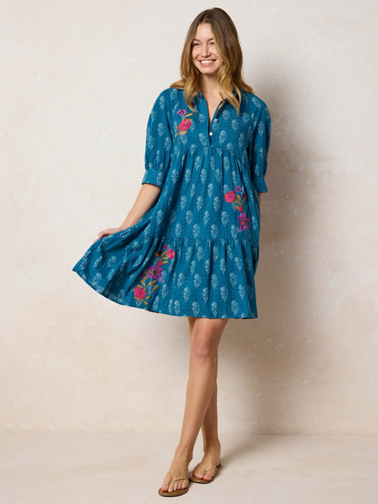 Becca Embroidered Mini Dress - Block Stamp Indigo