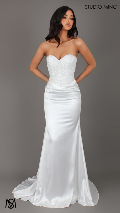 Lumiere - White Wedding Dress | Beaded Corset Satin Fitted Draped Mermaid Skirt