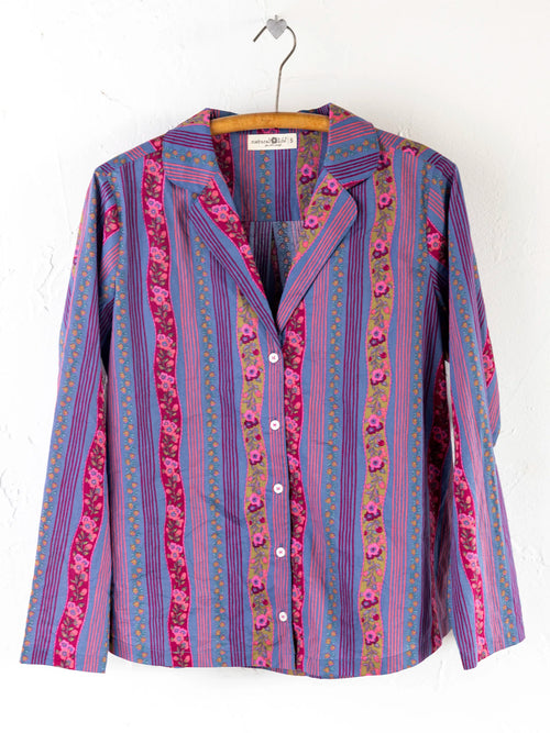Mix & Match Cotton Long Sleeve Pajama Top - Retro Ribbons Navy