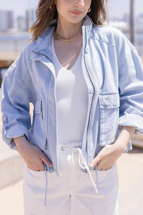 Sydney Long Sleeve Oversized Cargo Denim Jacket Light Wash