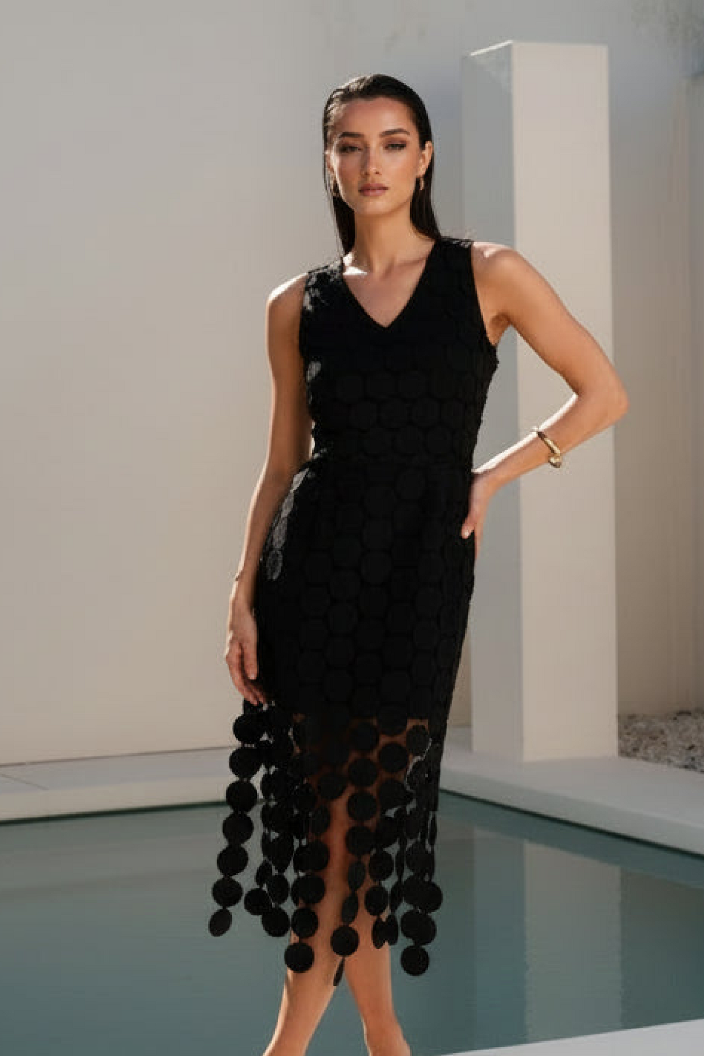 Severin Sleeveless Circle Crochet Midi Dress Black