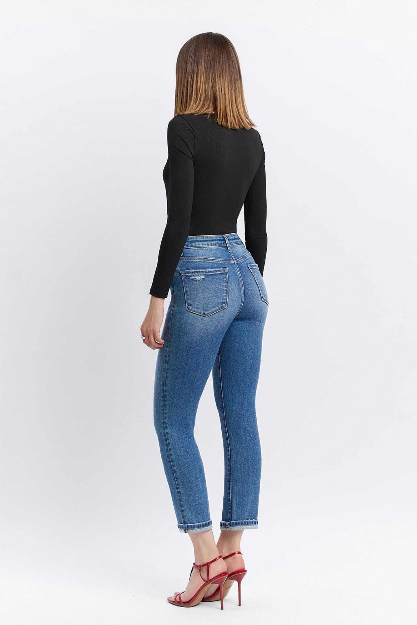 Scout High Rise Cropped Cuffed Straight Leg Jeans Dark Wash