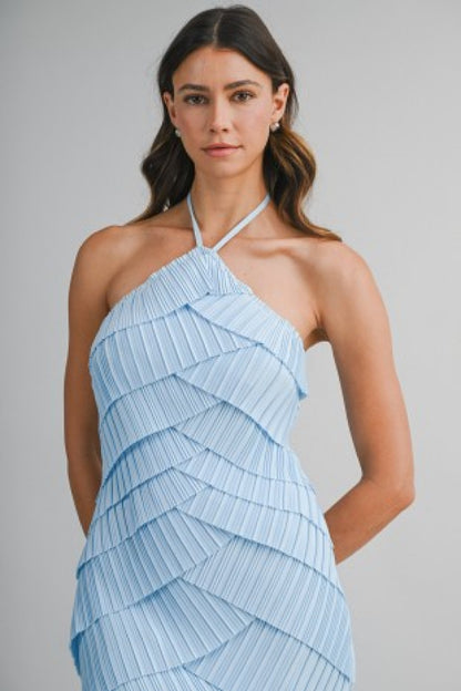Kerry Sleeveless Halter Layered Diagonal Ruffle Overlay Midi Dress Blue