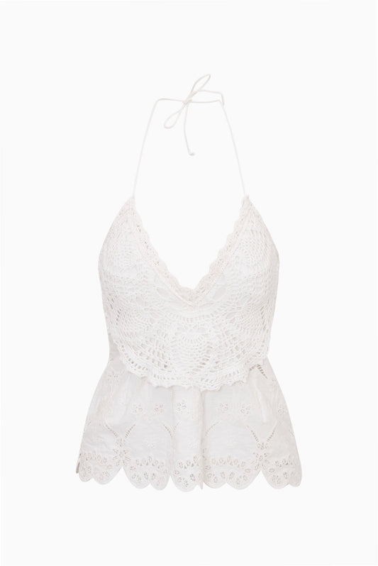 Neria Crochet Eyelet Halter Top