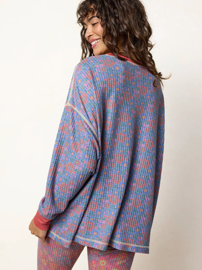 Mix & Match Waffle Pajama Top - Washed Navy Zinnias