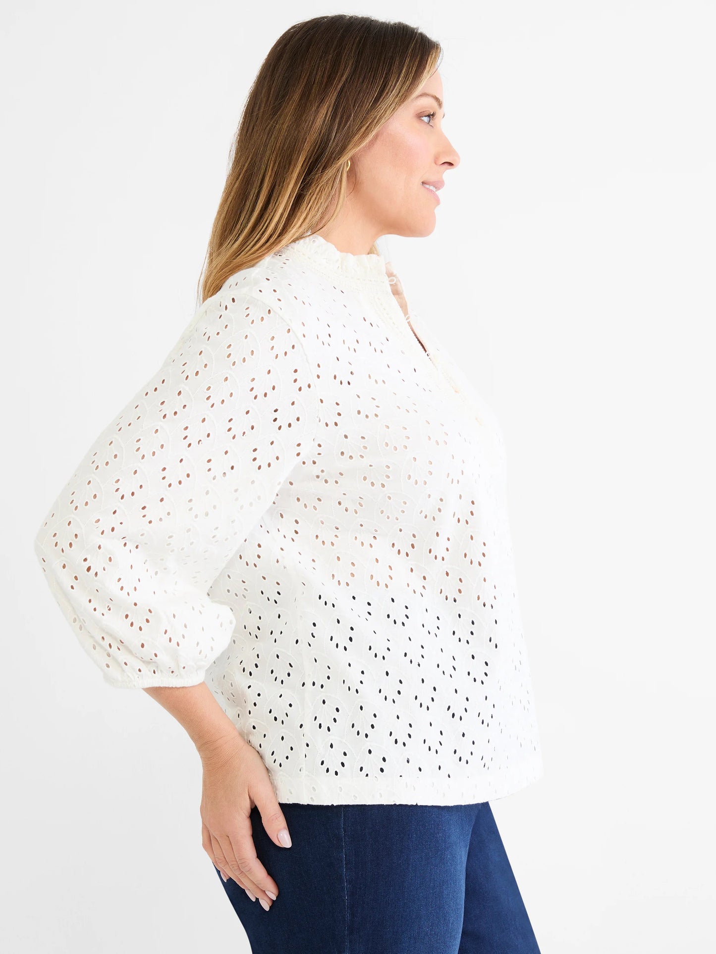 Knit Eyelet Ruffle Neck Top