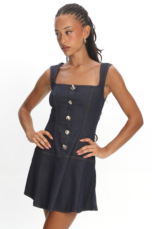 Big Plans Button Front Mini Dress Denim Indigo