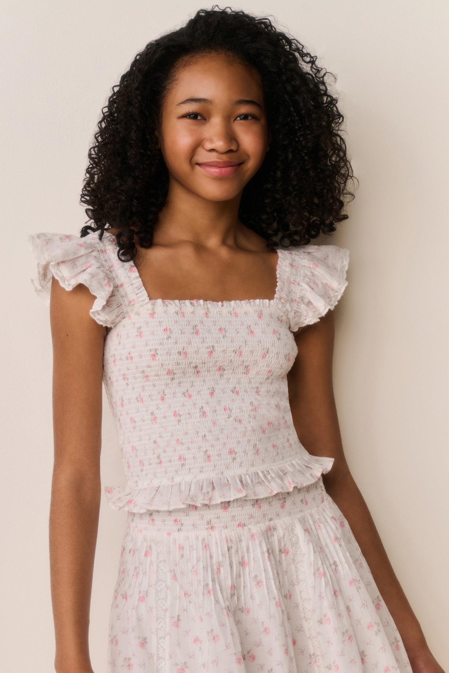 Tween Jeanna Floral Cotton Top - SUNWASHED IVORY