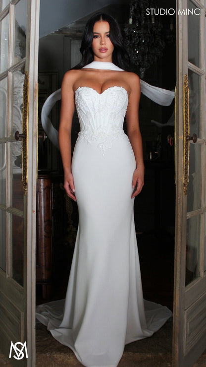 August - White Wedding Dress | Beaded Corset Fitted Mermaid Neck Scarf