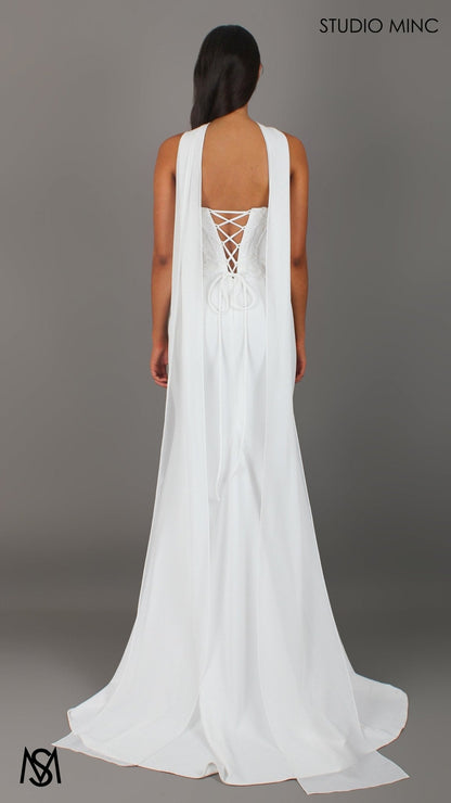 August - White Wedding Dress | Beaded Corset Fitted Mermaid Neck Scarf