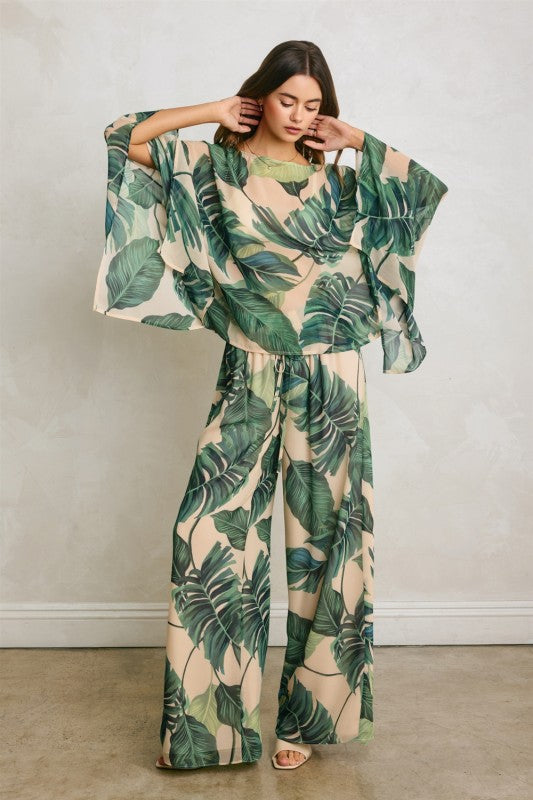 Waitlist 7/4 • Corvina High Waist Wide Leg Tropical Print Pants Green
