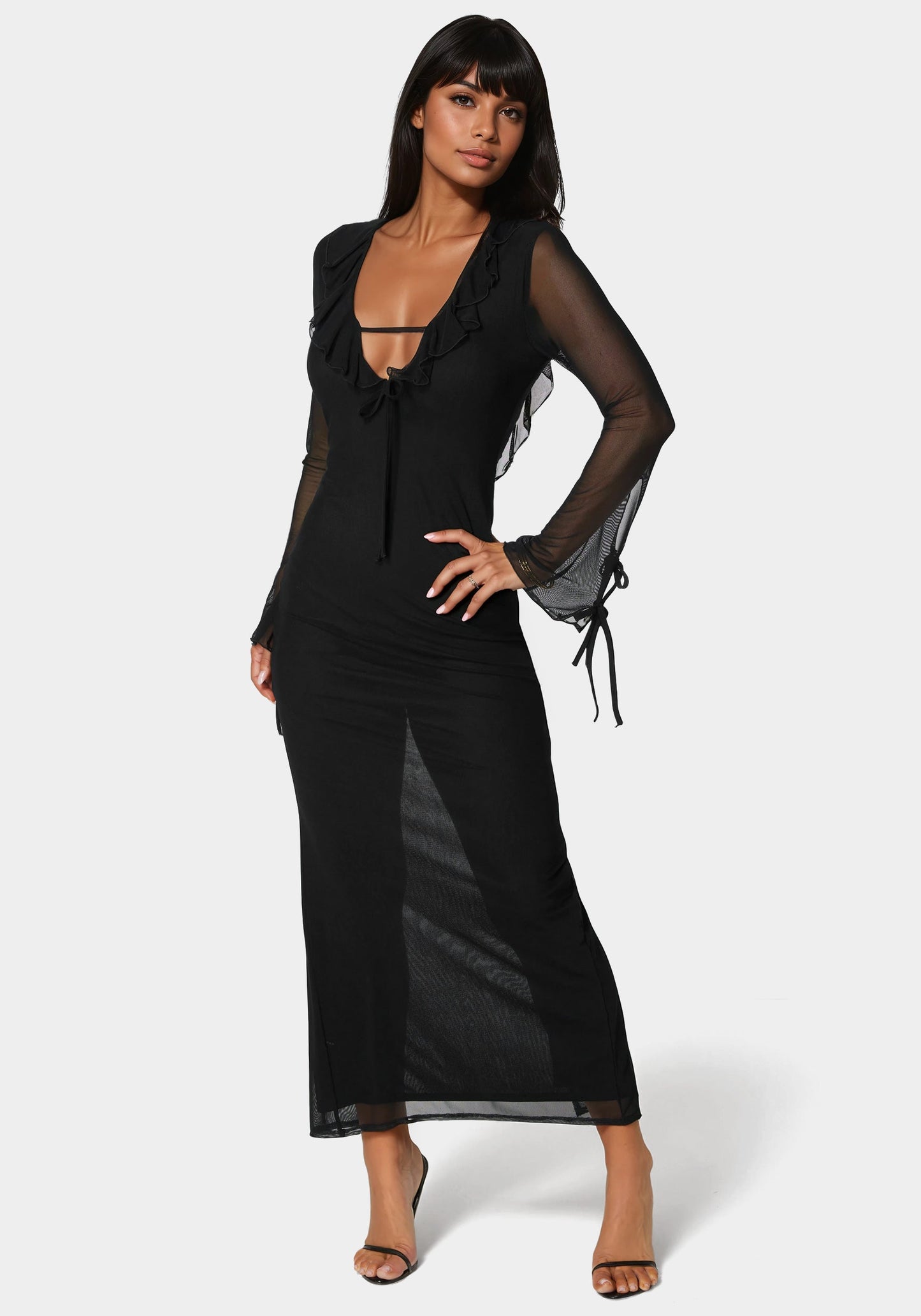 Ruffle Detail Mesh Maxi Dress