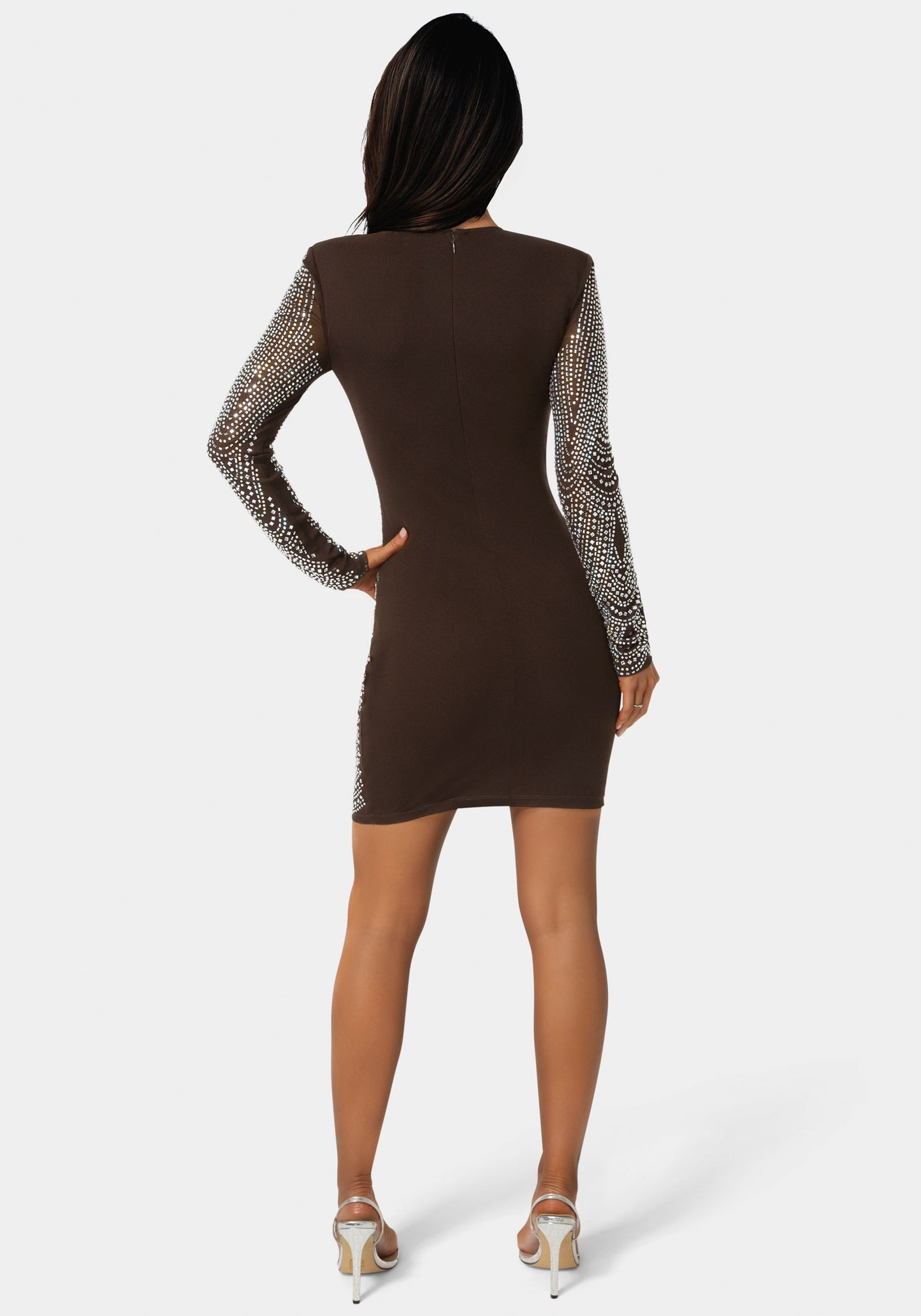 Long Sleeve Embellished Illusion Mesh Mini Dress