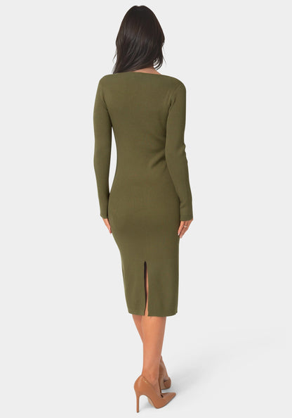 Long Sleeve V-Neck Midi Sweater Dress