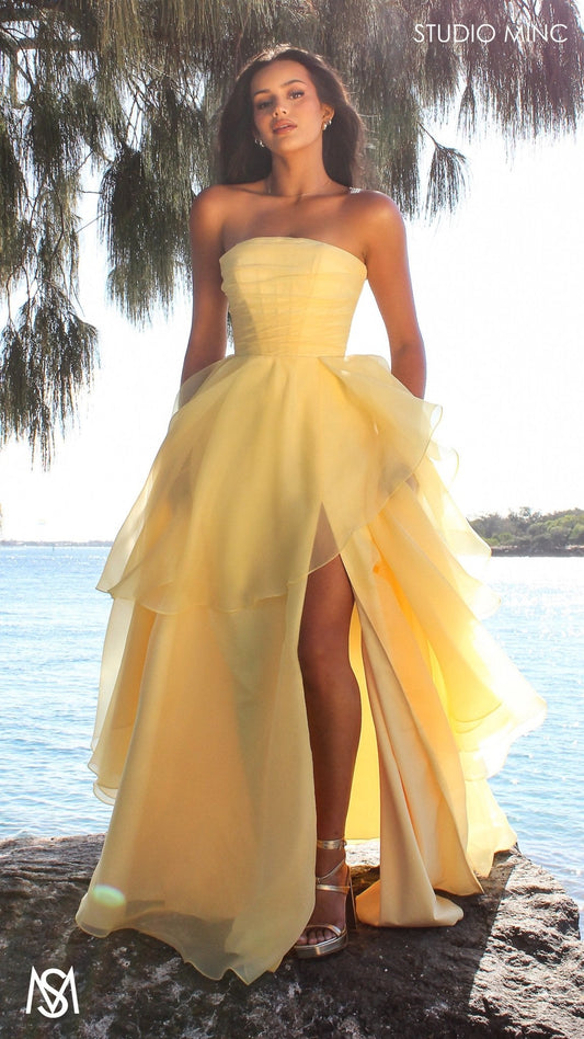 Monaco - Buttercup Yellow Formal Dress | Strapless Corset, organza layered handkerchief skirt, leg slit
