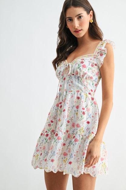 Aviva Flutter Sleeve Floral Print Mini Dress White