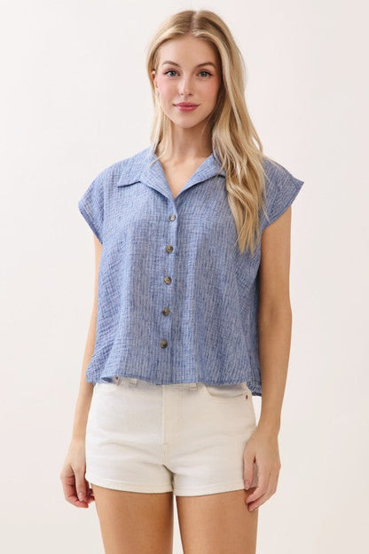 Fiora Short Sleeve Button Down Stripe Print Top Blue
