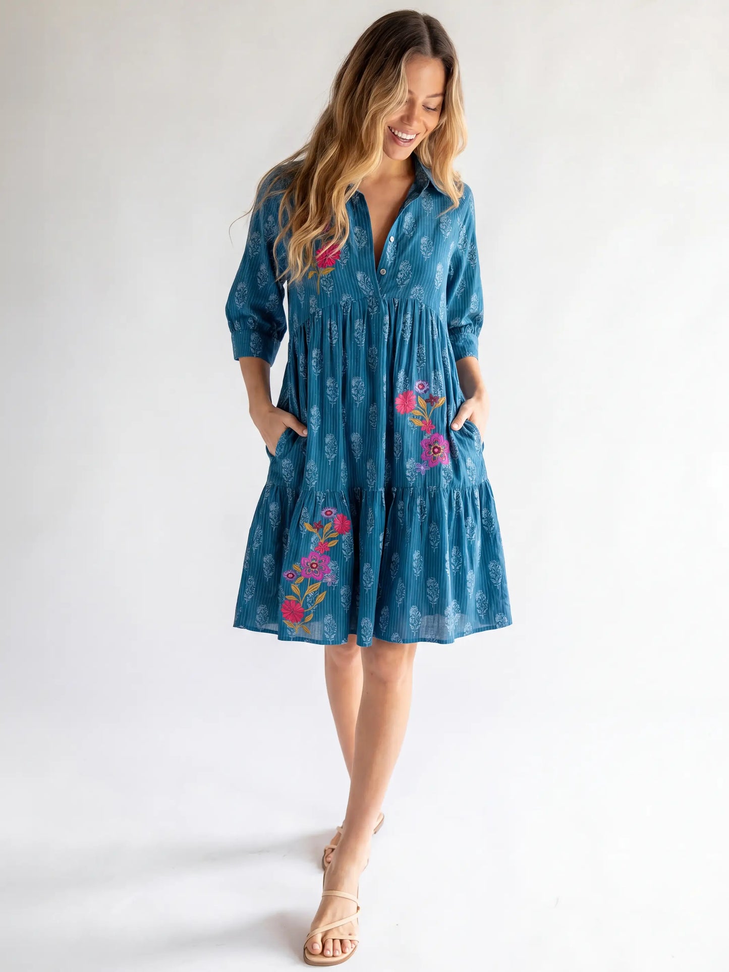 Becca Embroidered Mini Dress - Block Stamp Indigo