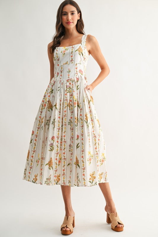 Capri Sleeveless A-Line Floral Print Midi Dress White
