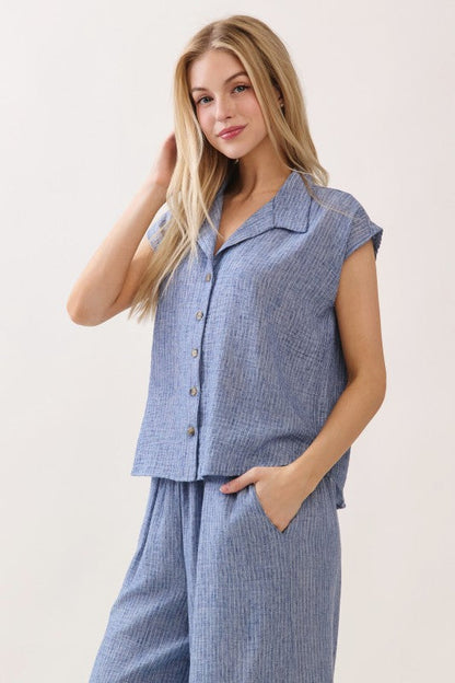 Fiora Short Sleeve Button Down Stripe Print Top Blue