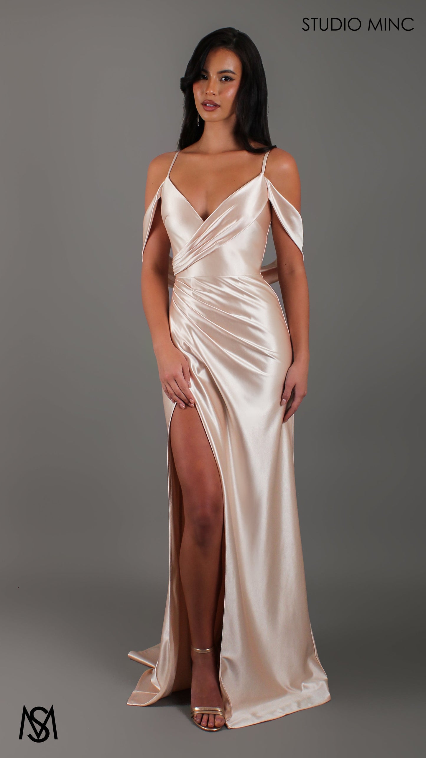 Opulence - Champagne Gold Formal Dress, Satin V Neckline, arm drapes and leg slit