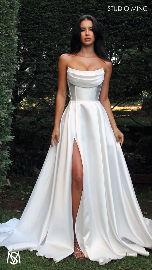 Honey -  Wedding Dress | Strapless corset pearl detail Mikado satin gown