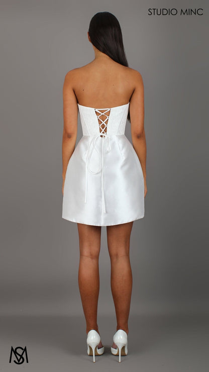 Liberty - White Bridal Mini Dress | Lace Corset, Basque Waist Satin Skirt with Bows